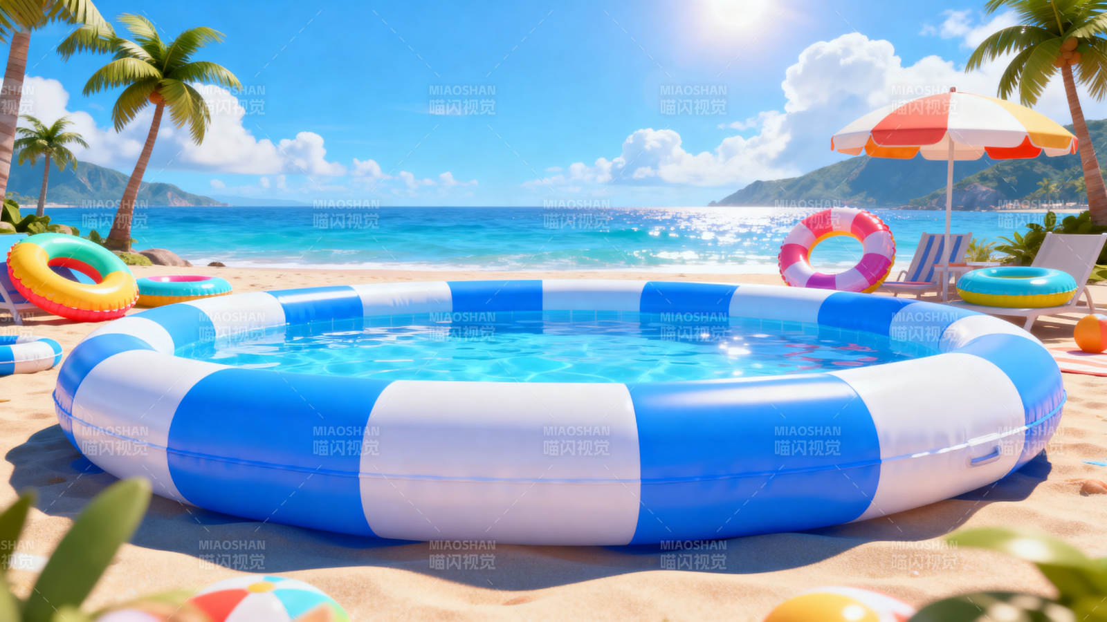 沙滩充气泳池夏日度假图片