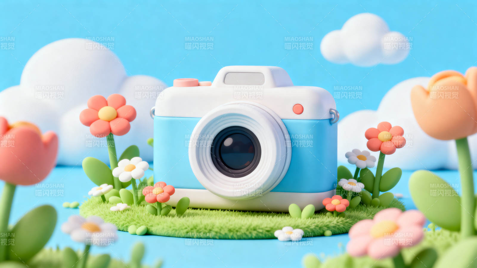 卡通相机与花朵的春天图片