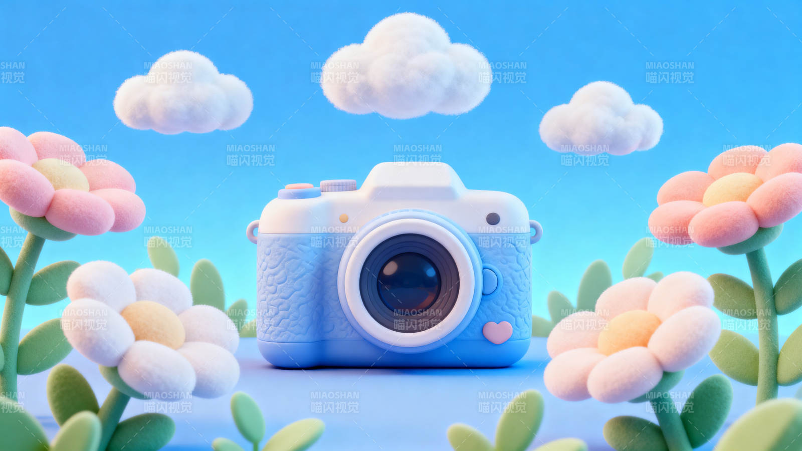 卡通相机与花朵的可爱场景图片