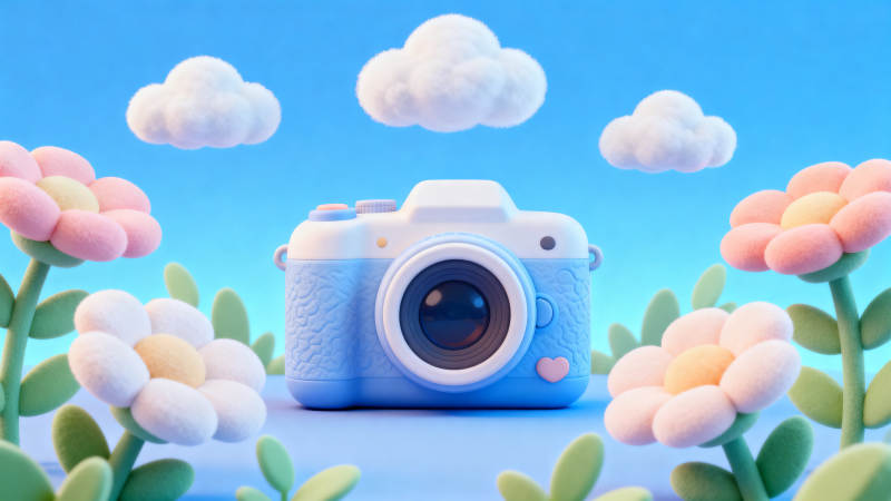 卡通相机与花朵的可爱场景图片