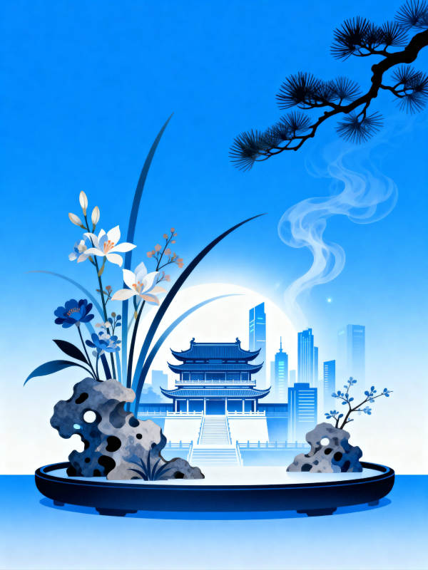 蓝调花石与古建城景图片