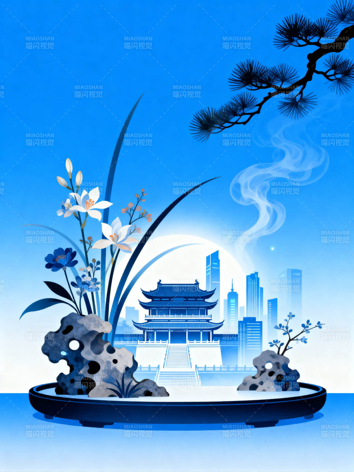 蓝调花石与古建城景图片