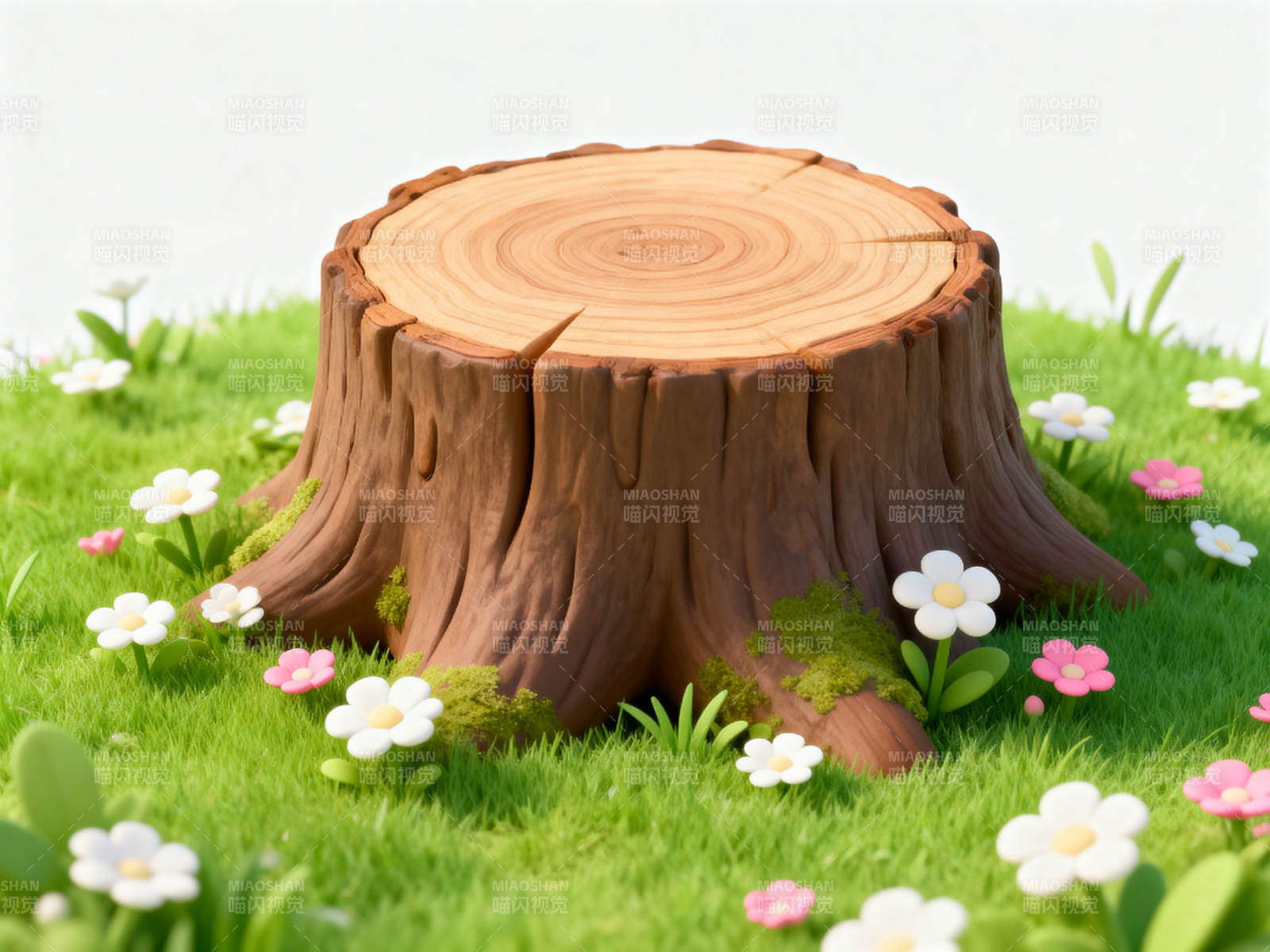 树桩草地小花自然场景图片