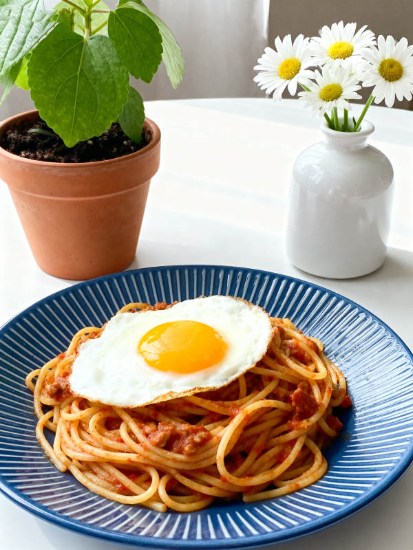 意面煎蛋配雏菊花图片