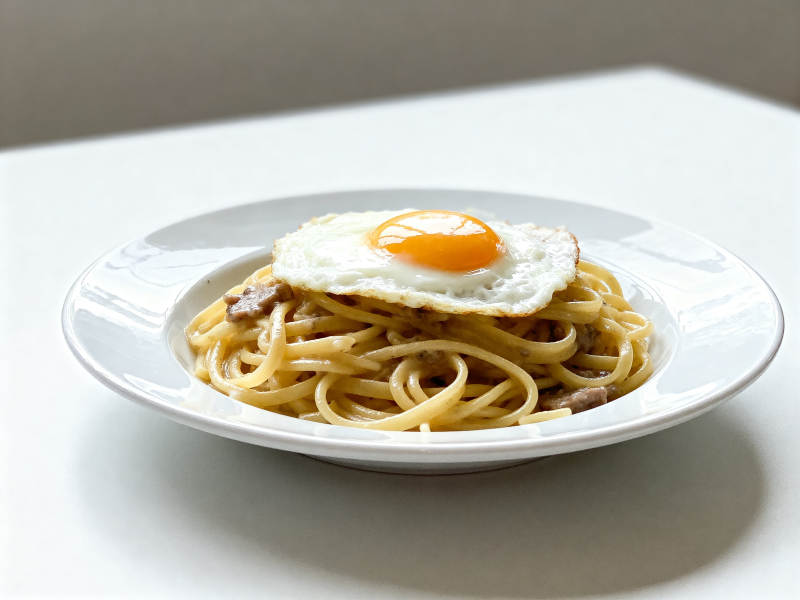 意面配煎蛋的美味早餐图片