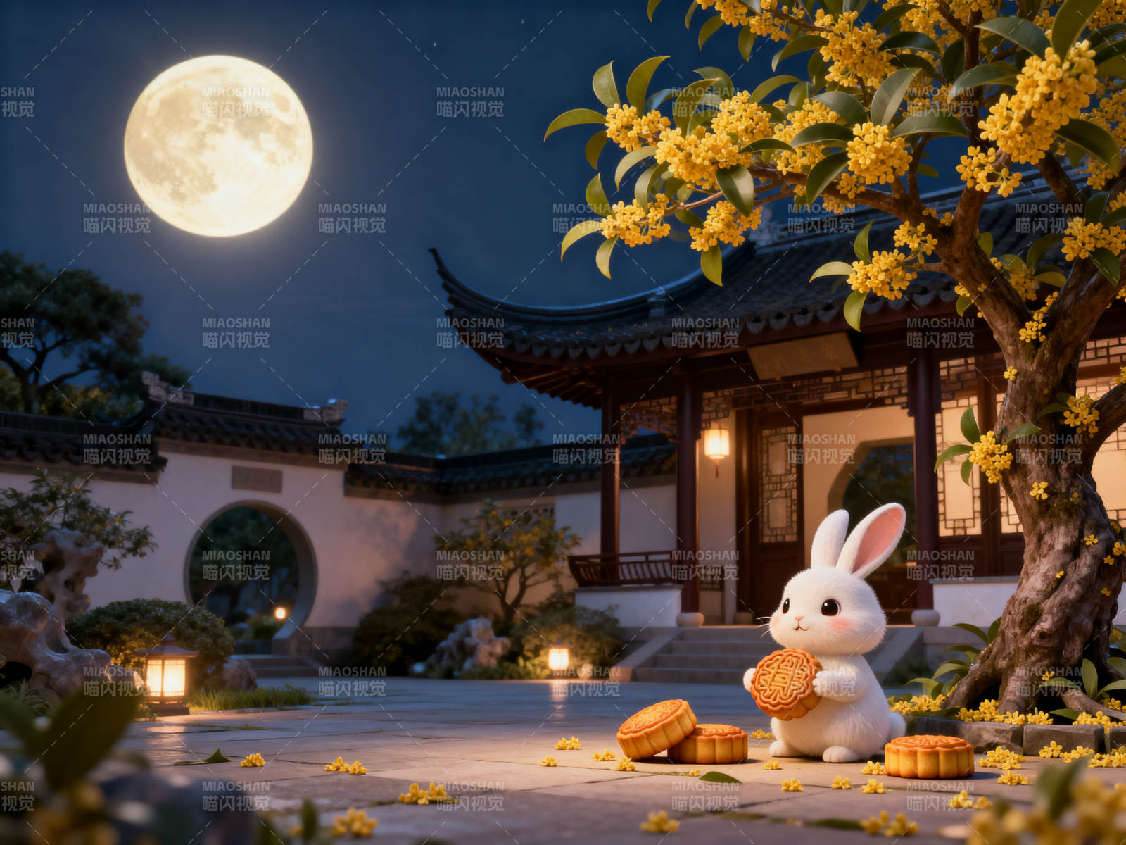 中秋月夜玉兔赏月图片