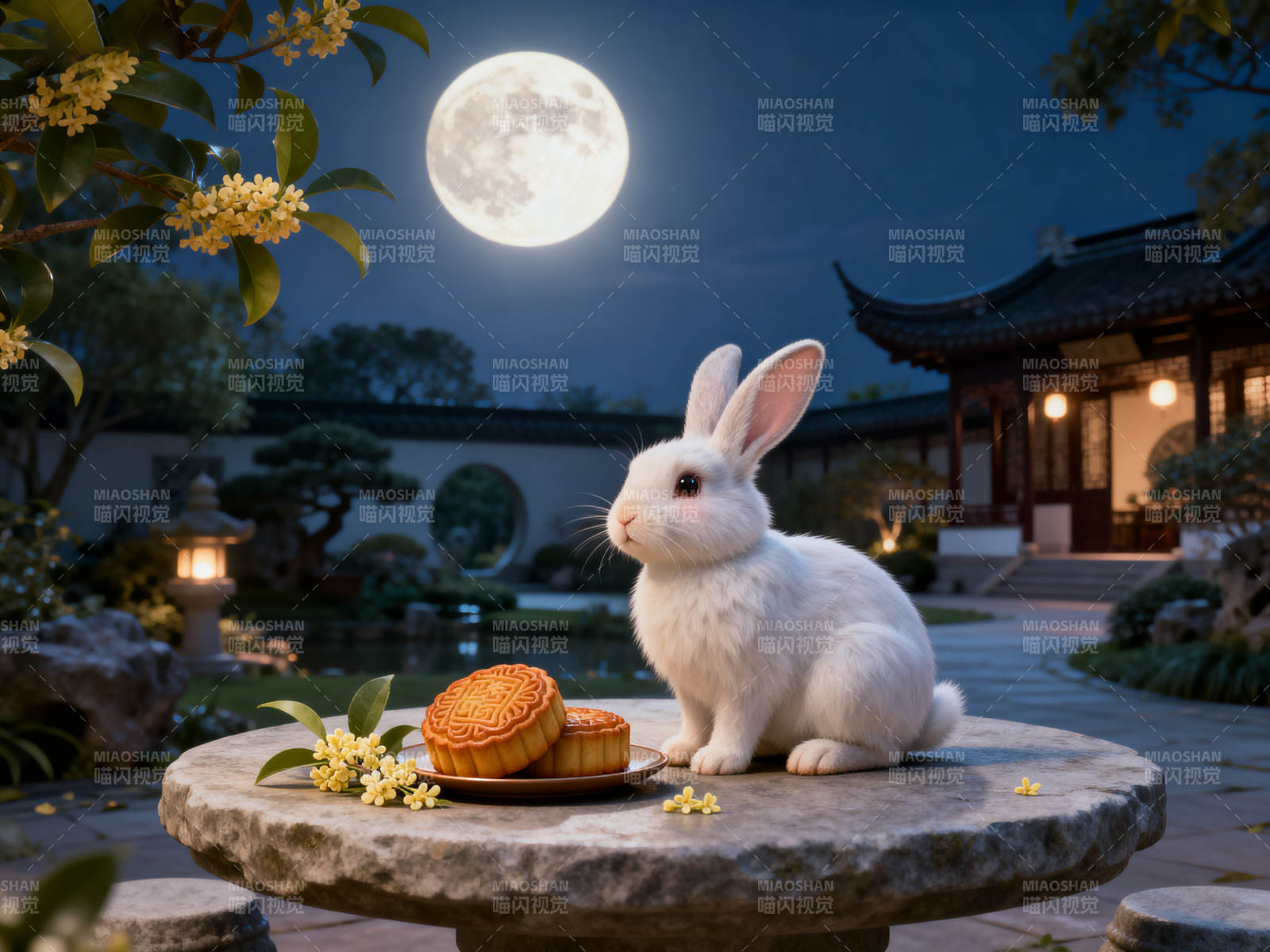 中秋月夜玉兔与月饼图片