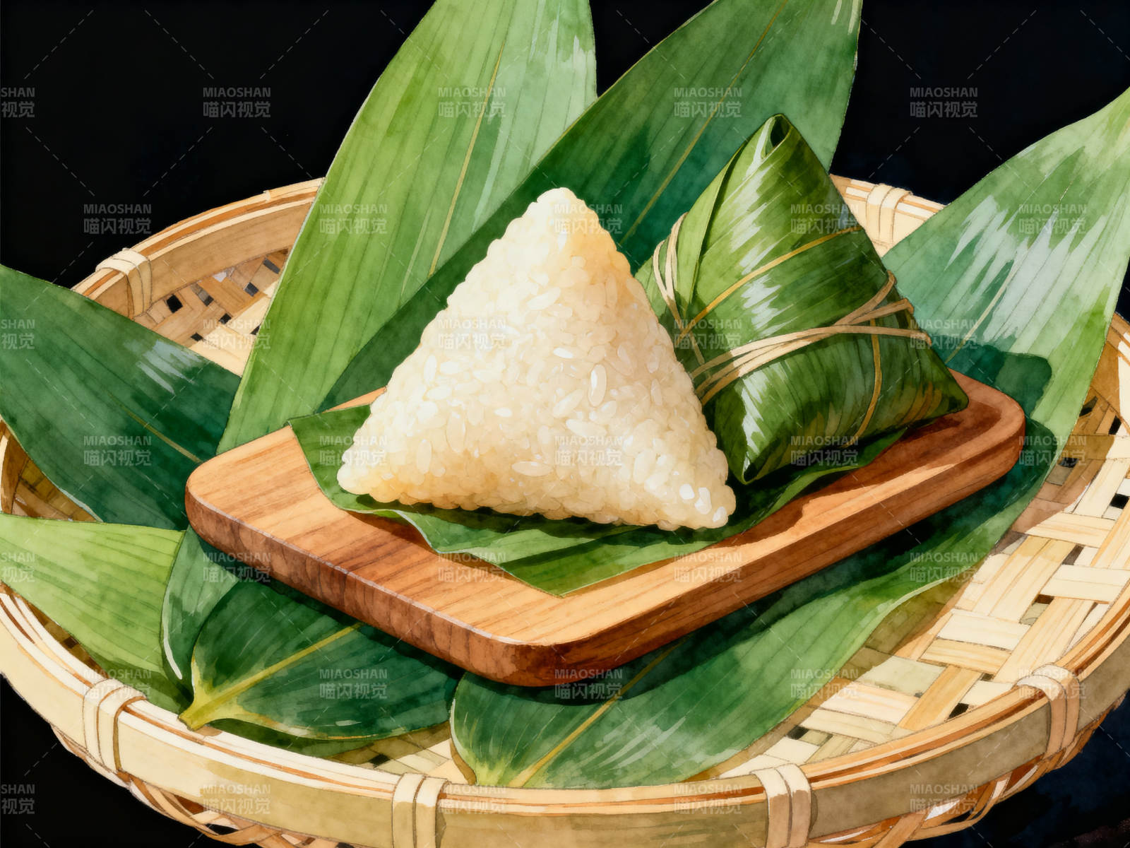 端午节粽子竹篮摆盘图片