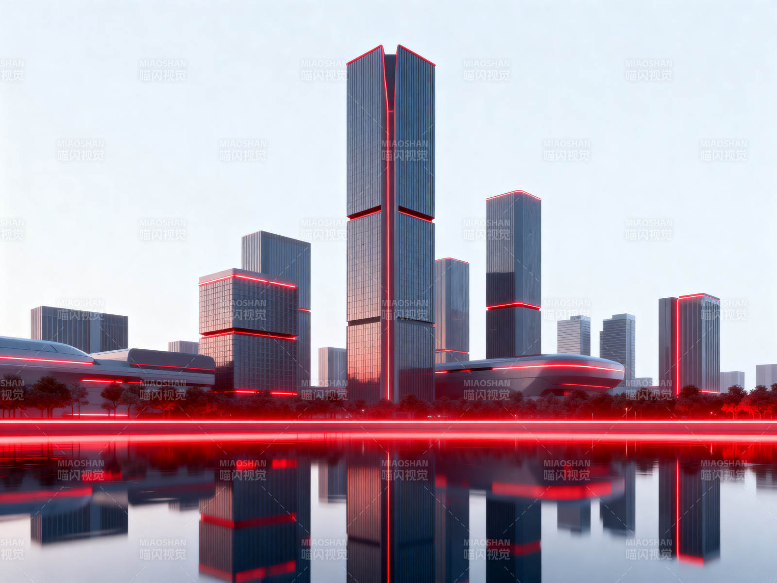 未来城市红色灯光建筑图片