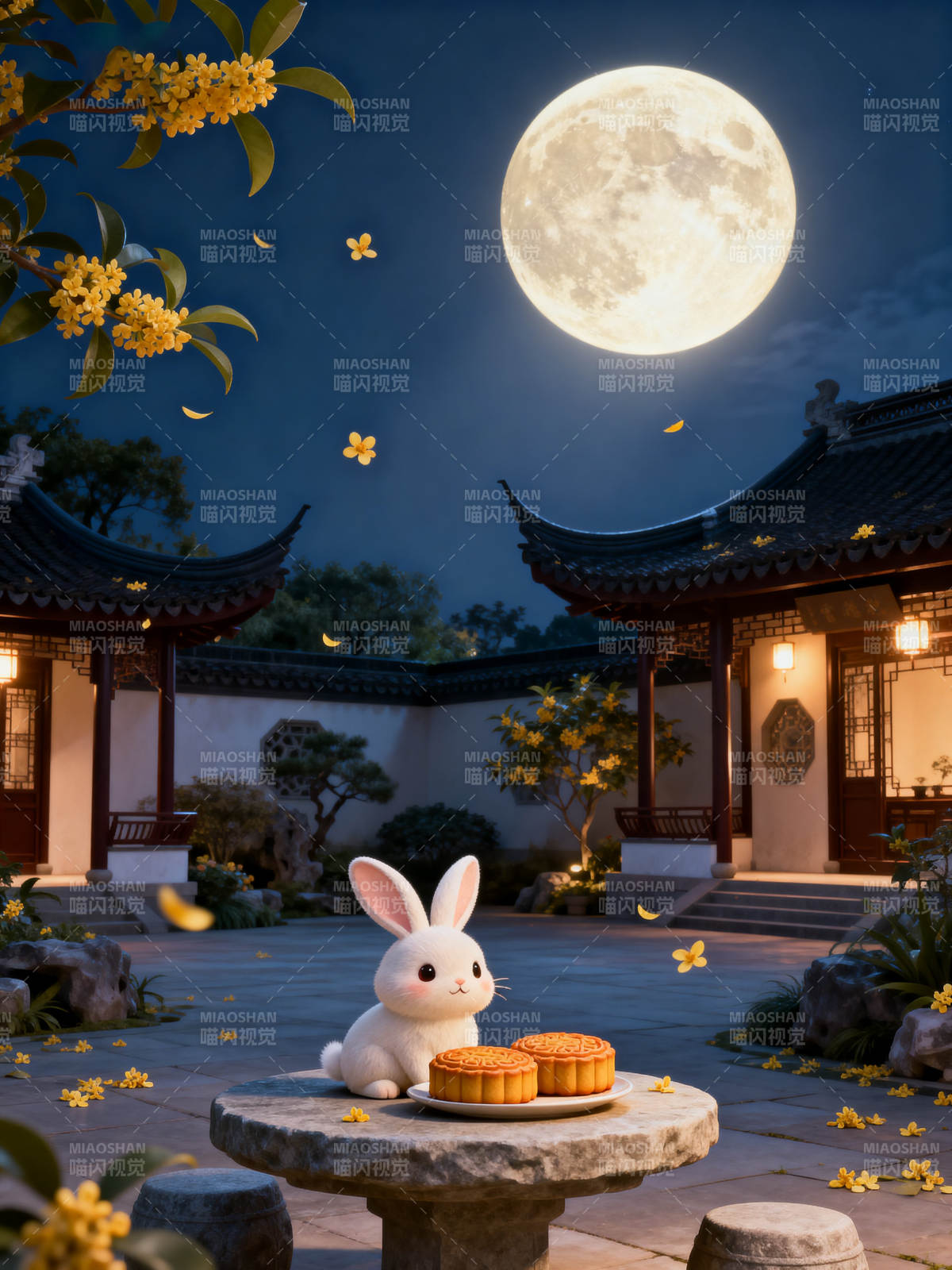 中秋月夜玉兔赏月图片