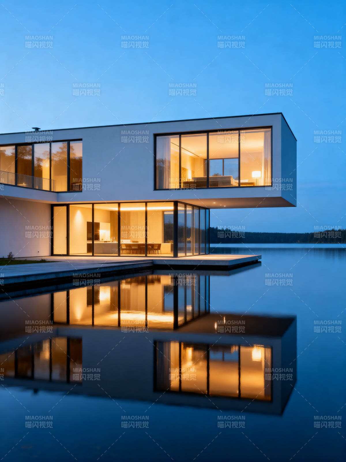 现代湖畔别墅夜景图片