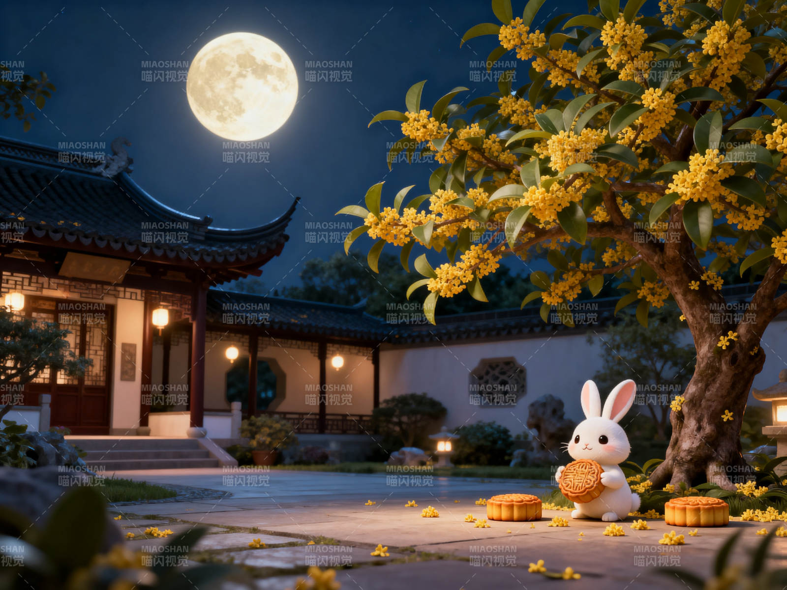 中秋月夜玉兔桂花图片