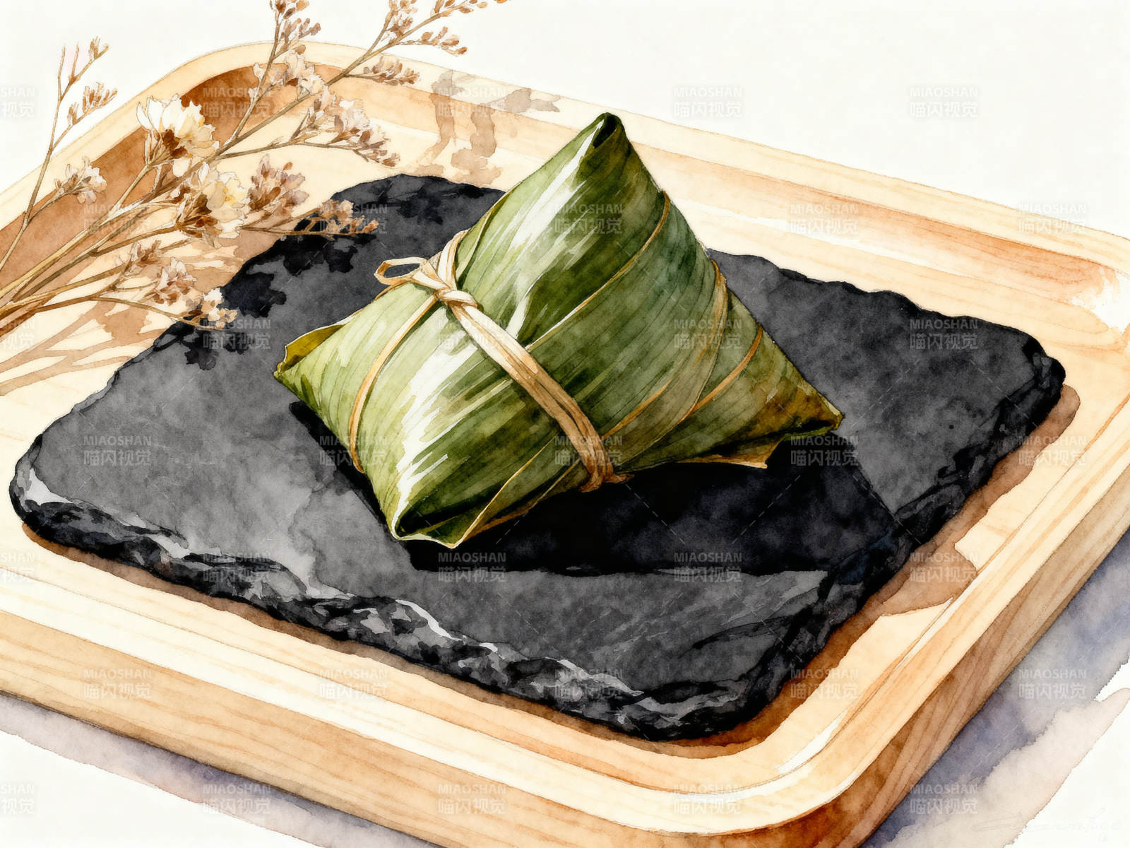水彩绘端午粽子特写图片