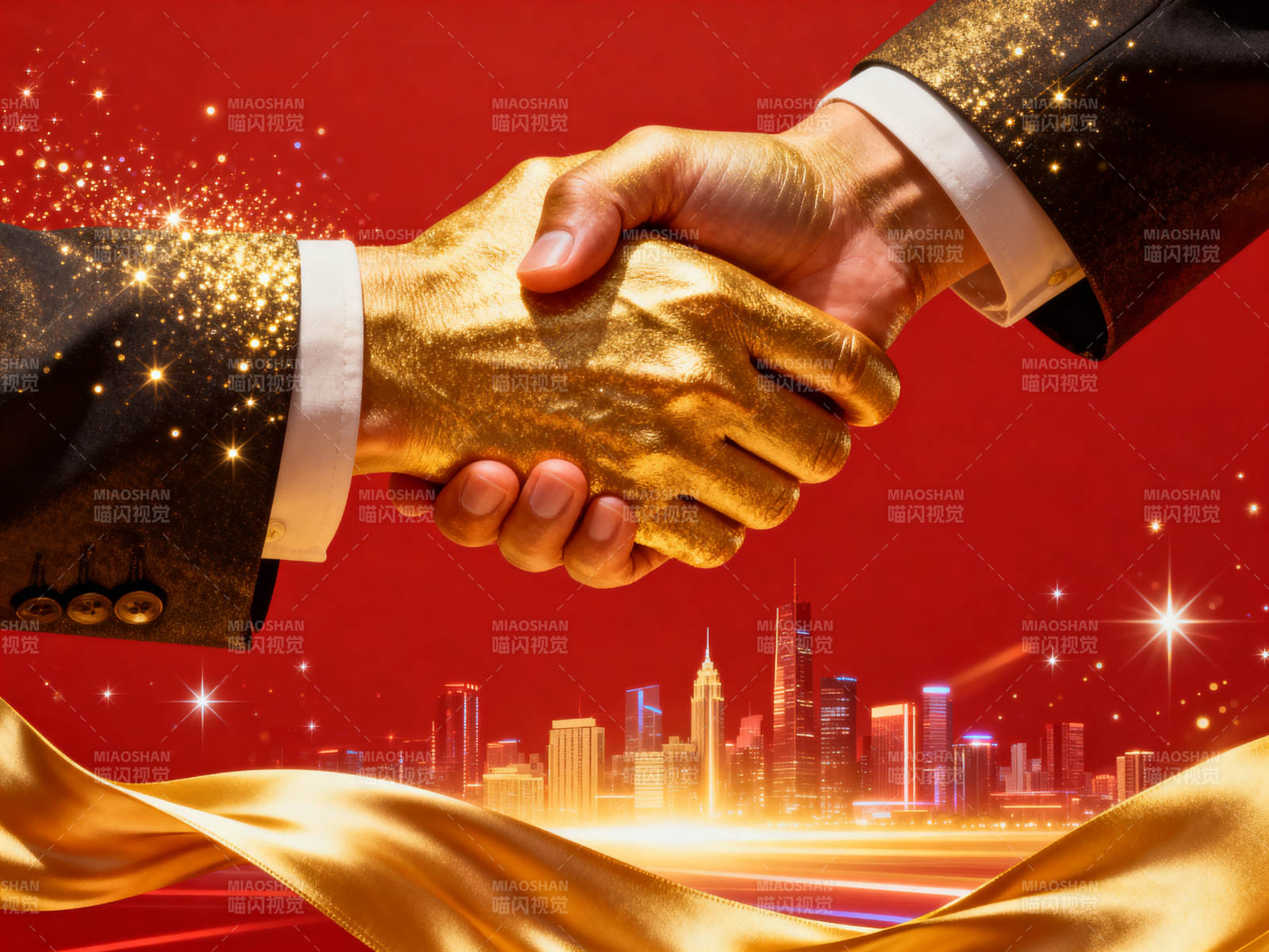 金色握手城市背景图片