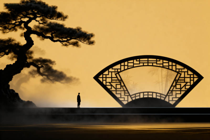 扇形窗与松树的剪影图片