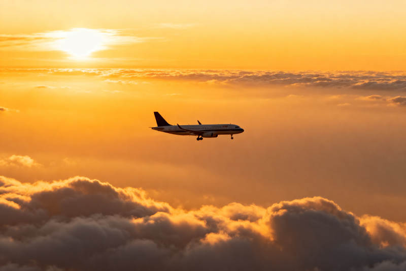 夕阳云海中的飞机图片