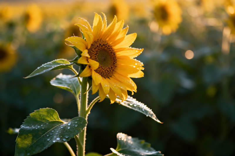 清晨向日葵花田露珠图片