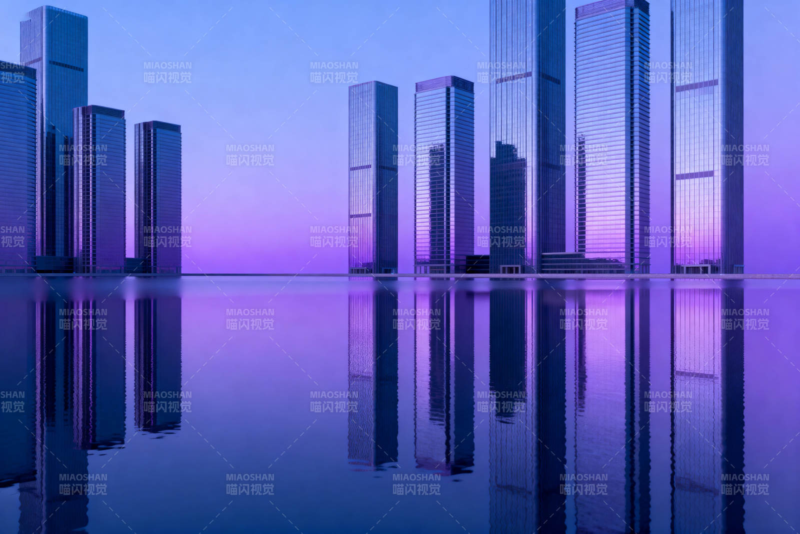 紫色天空下的高楼倒影图片