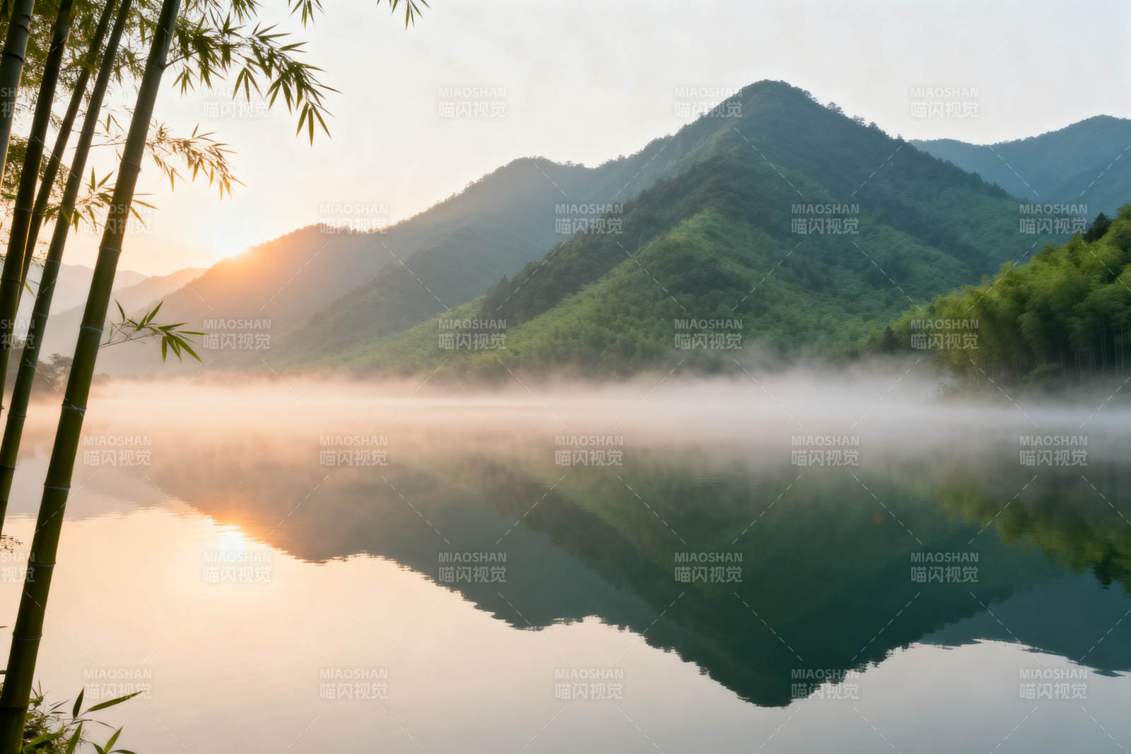 晨雾山湖竹林静谧图片