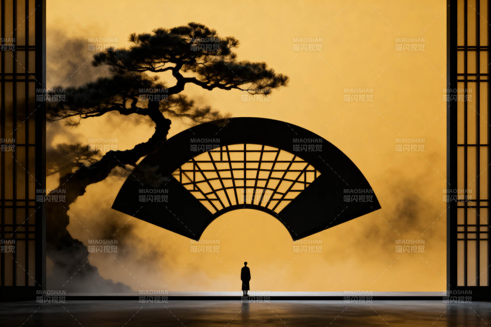 扇影松风人物剪影图片