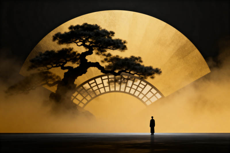 松树与扇形背景的东方意境图片