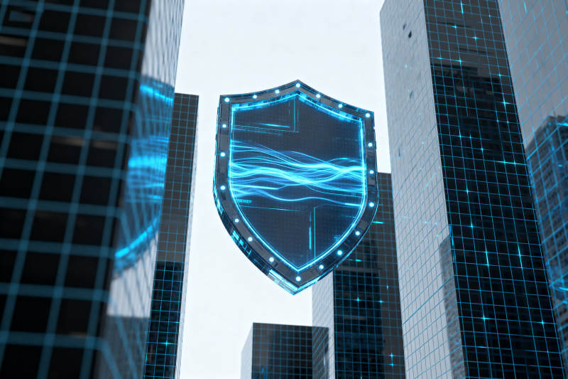 科技盾牌与现代建筑图片