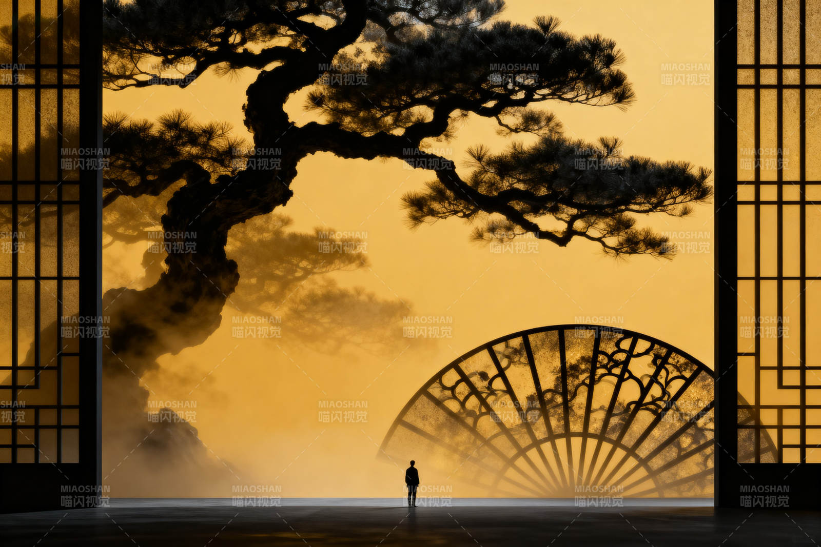 松树剪影与扇形窗景图片