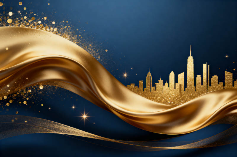 金色丝带与城市天际线图片