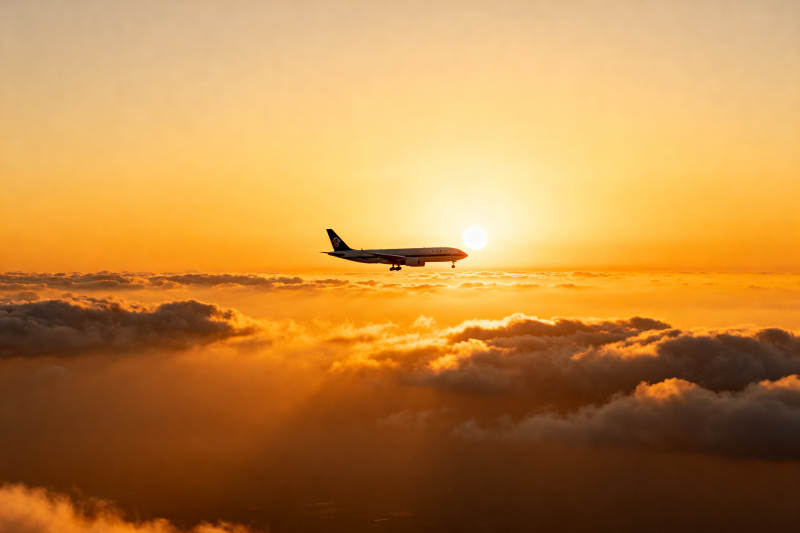 夕阳下的飞机剪影图片