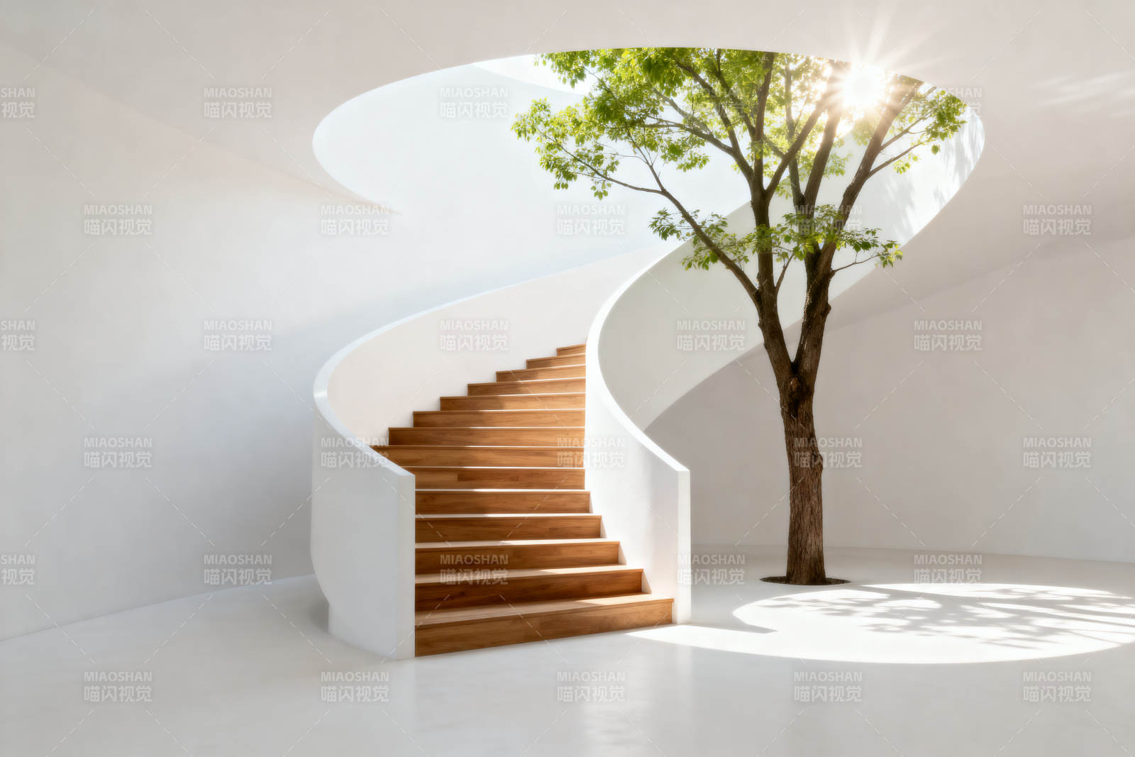 旋转楼梯与绿树的室内设计图片