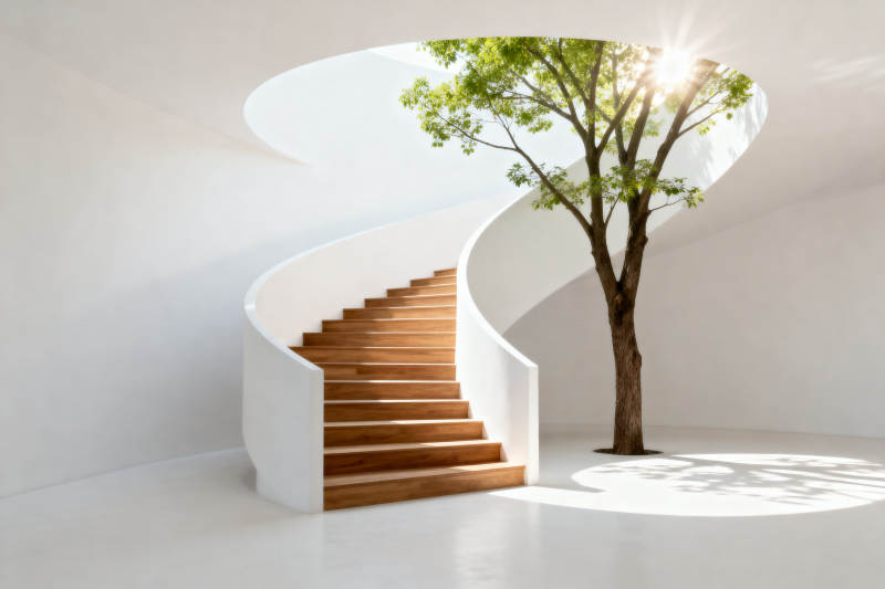 旋转楼梯与绿树的室内设计图片