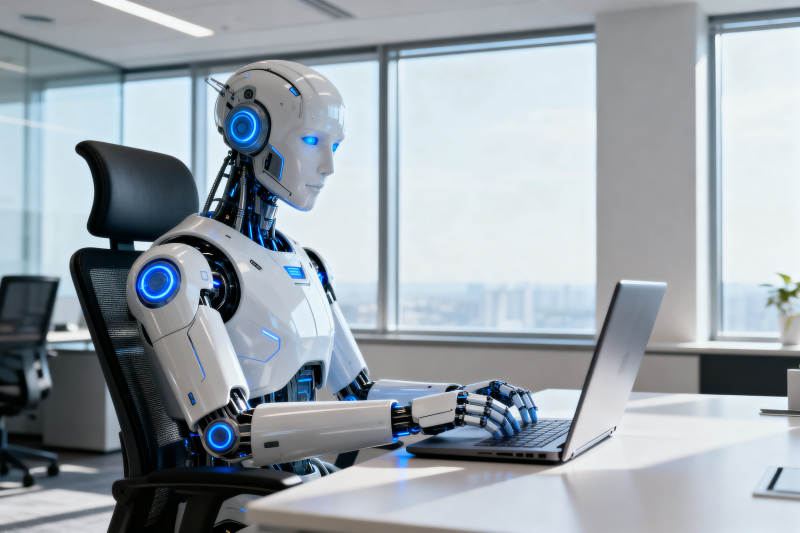 机器人办公操作电脑场景图片