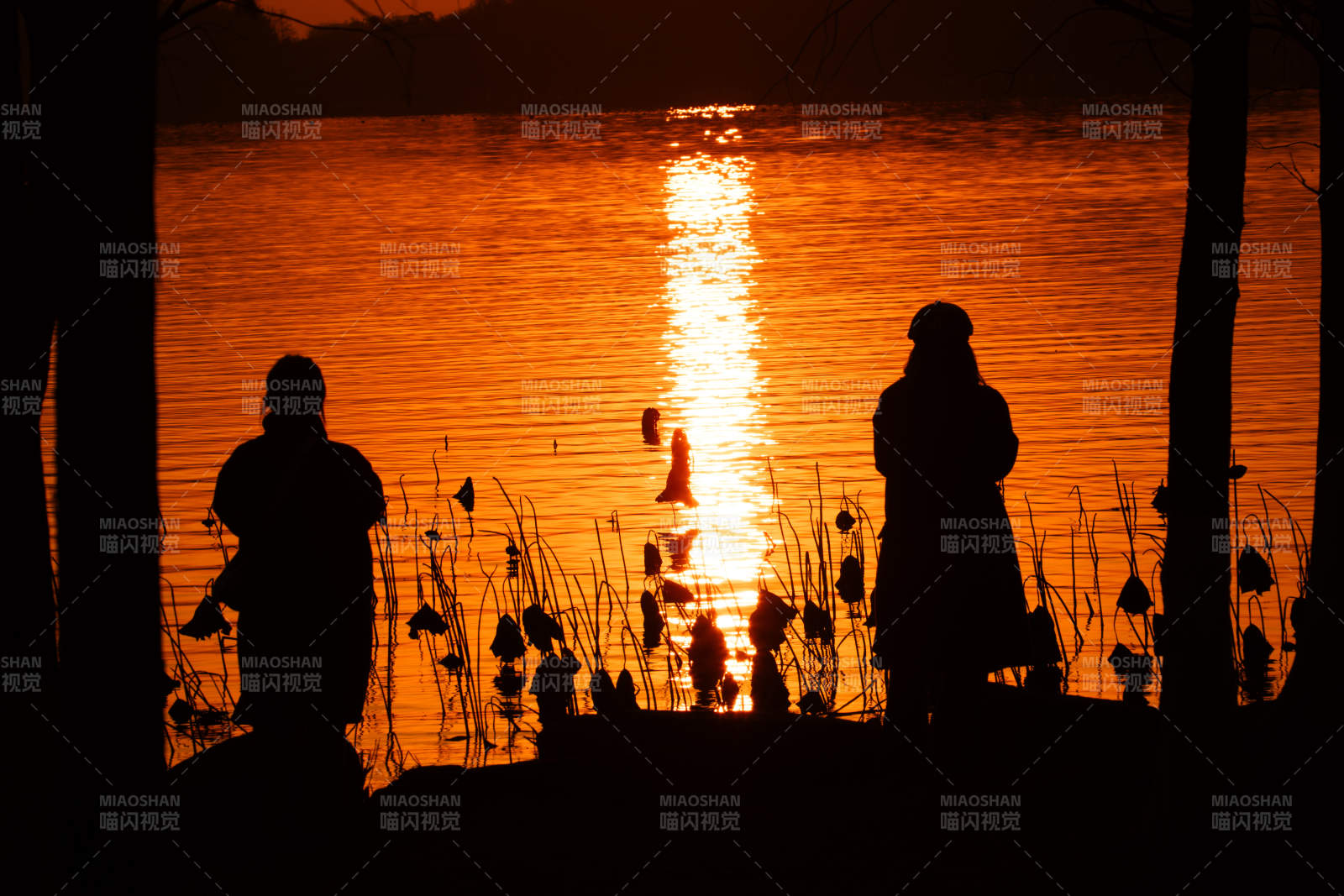 湖畔剪影黄昏图片