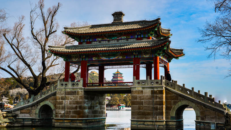 颐和园古桥亭阁映湖光图片