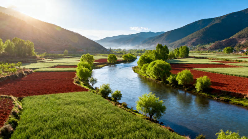 河流山谷田野风光图片