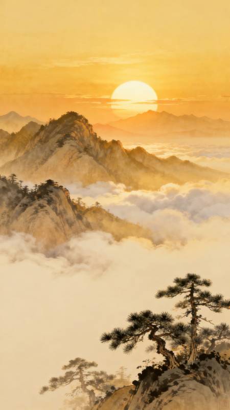 云海日出山巅松图片