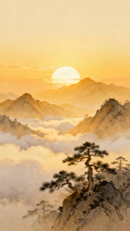 云海日出山松图图片