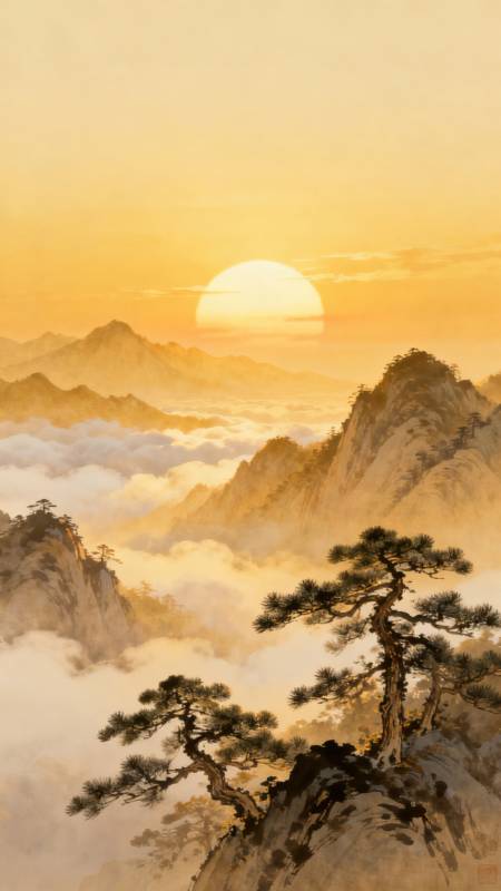 云海日出山松图图片