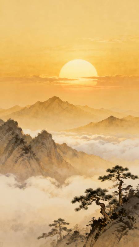 云海日出山巅松图片