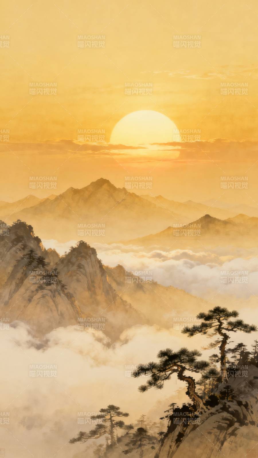 云海日出山巅松图片