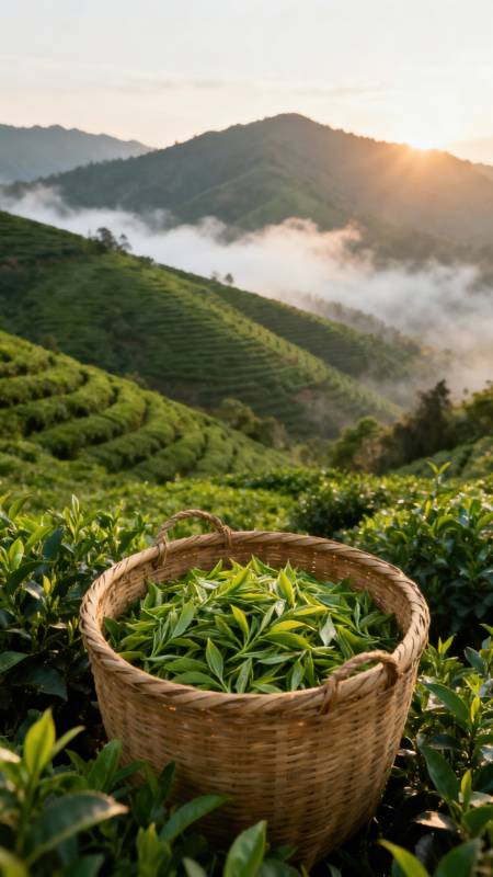 茶山晨雾采青叶图片