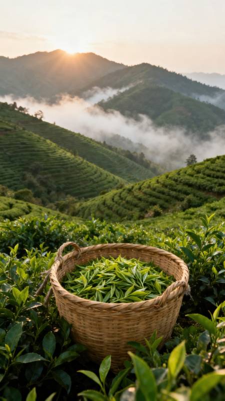 晨曦茶山采茶图图片