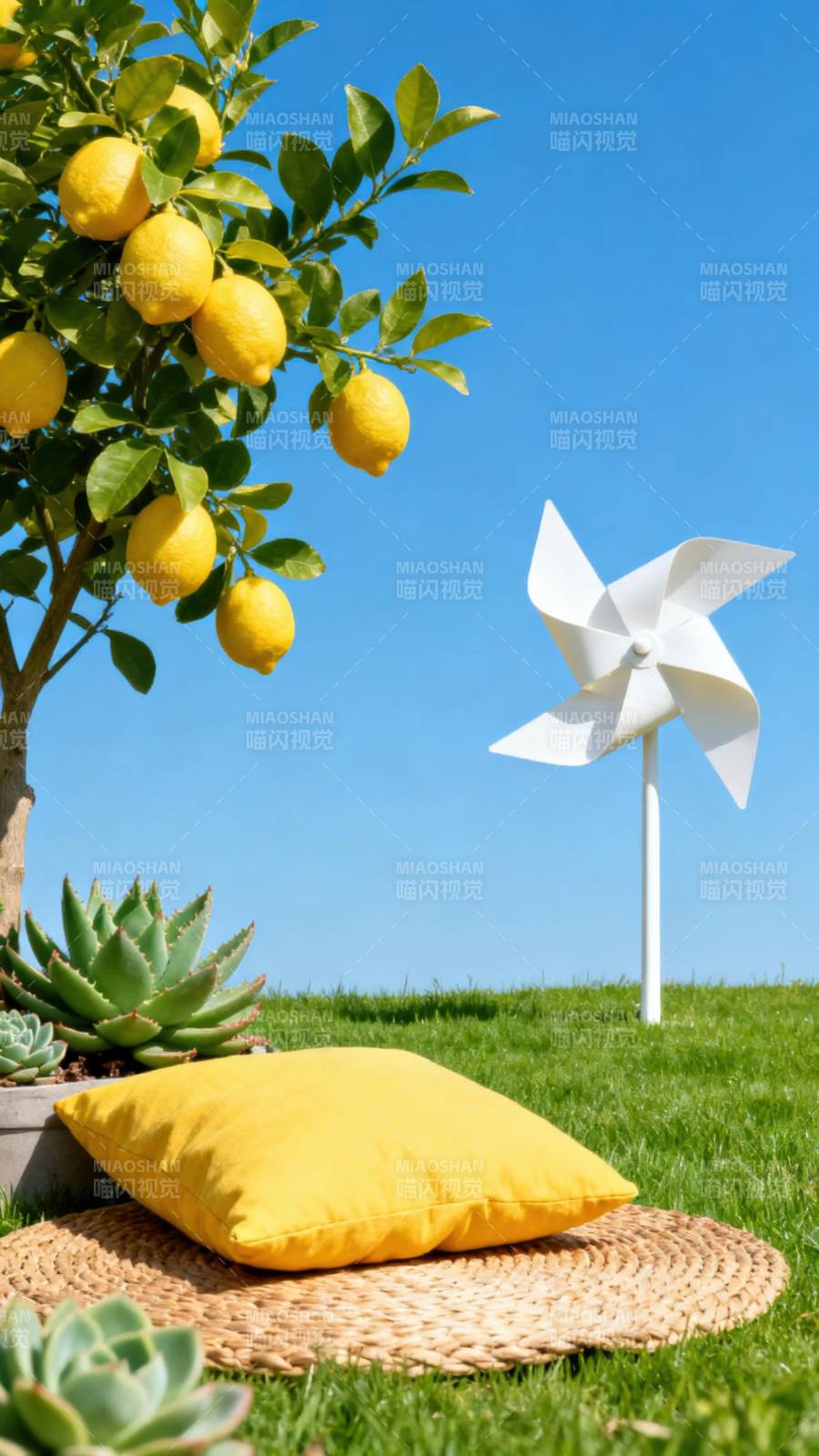 柠檬树下风车景图片