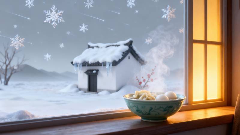 冬日窗前汤圆与饺子图片