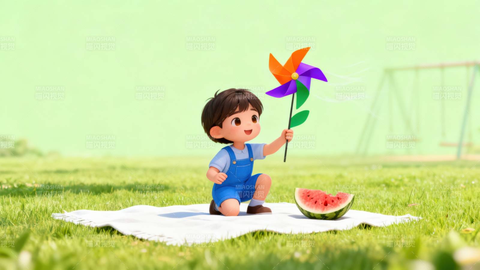 小男孩玩风车享受夏日时光图片