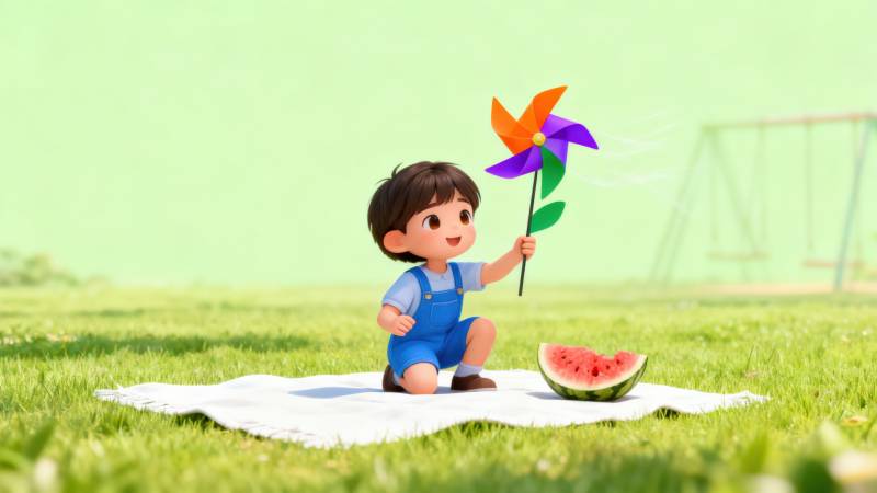 小男孩玩风车享受夏日时光图片