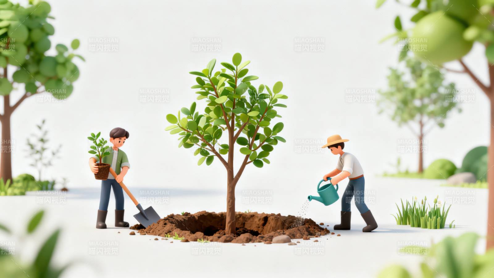 两人合作种植树木场景图片