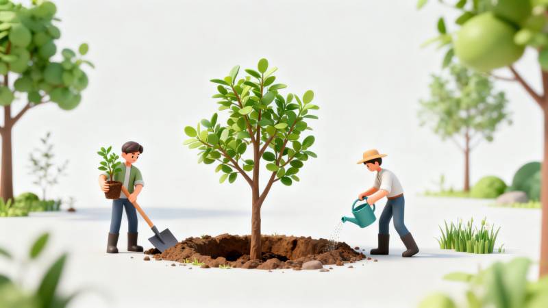 两人合作种植树木场景图片