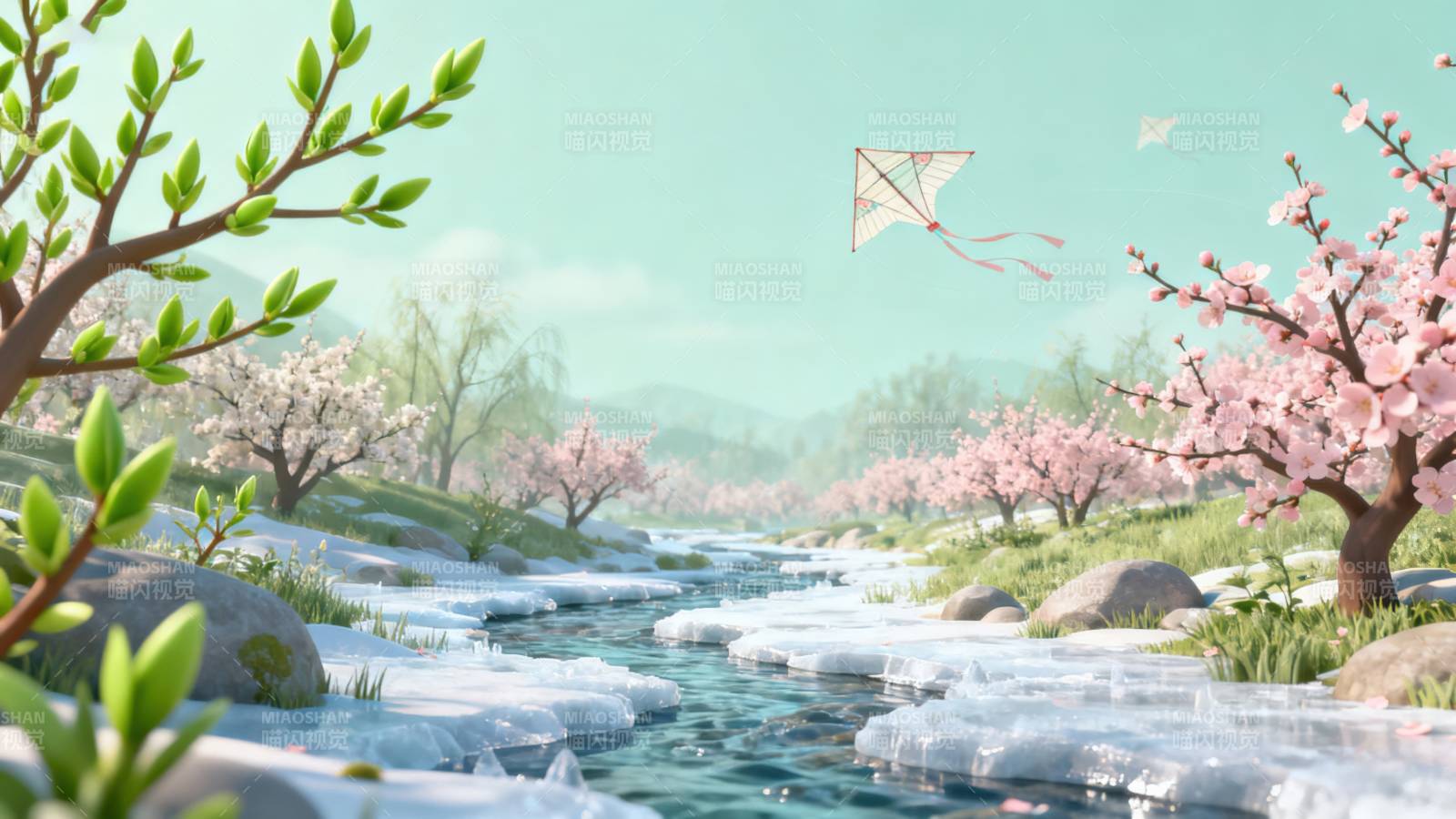 春日溪流风筝飞舞图片