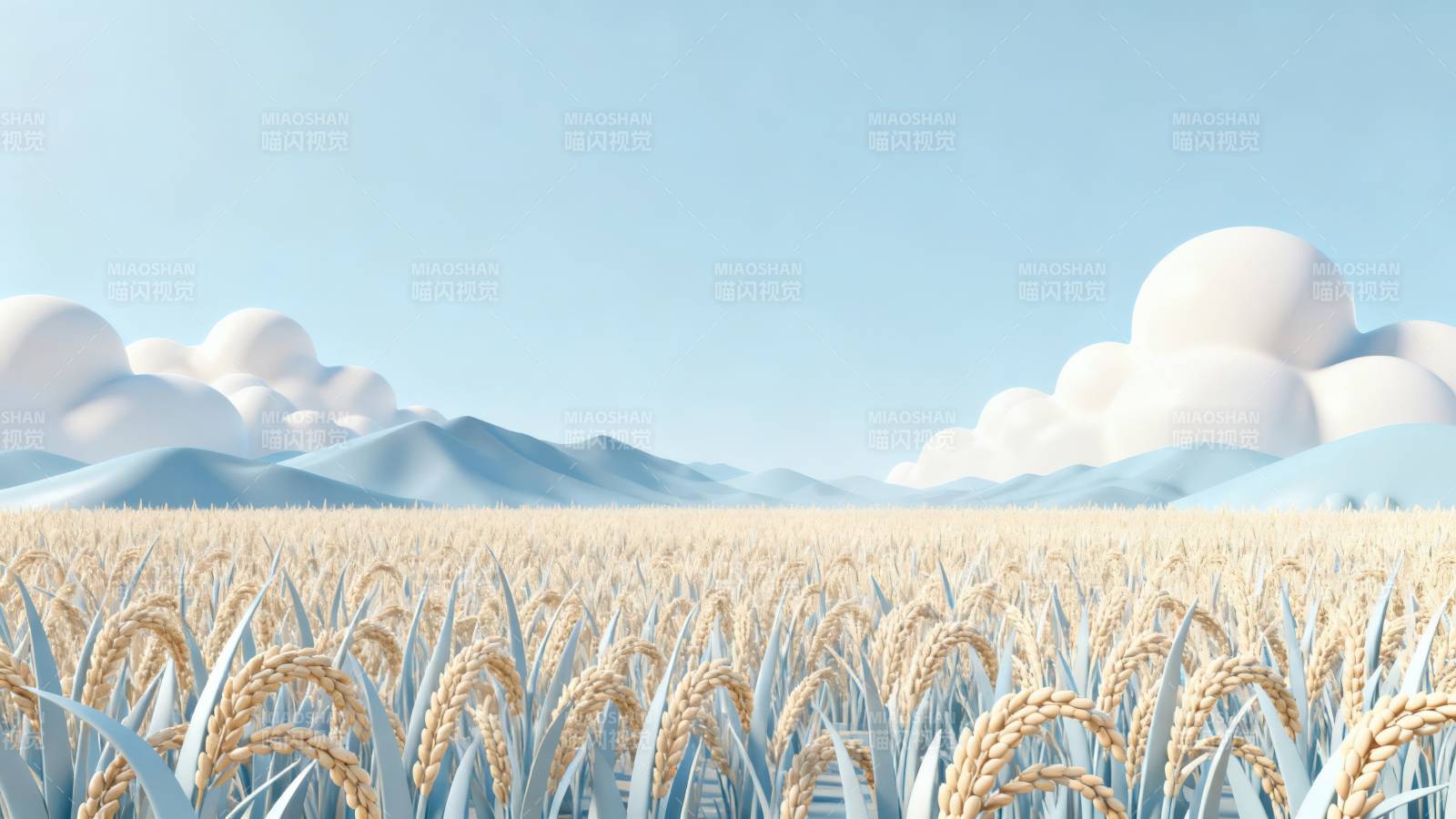稻田蓝天白云山脉图片